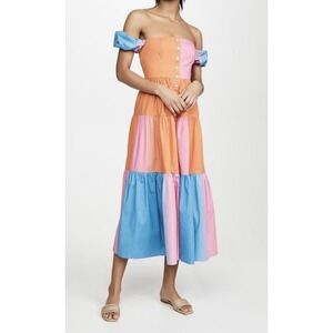 STAUD Dress Womens 00 Hibiscus Multi Elio Off Shoulder Puff Sleeve Tiered‎ Midi